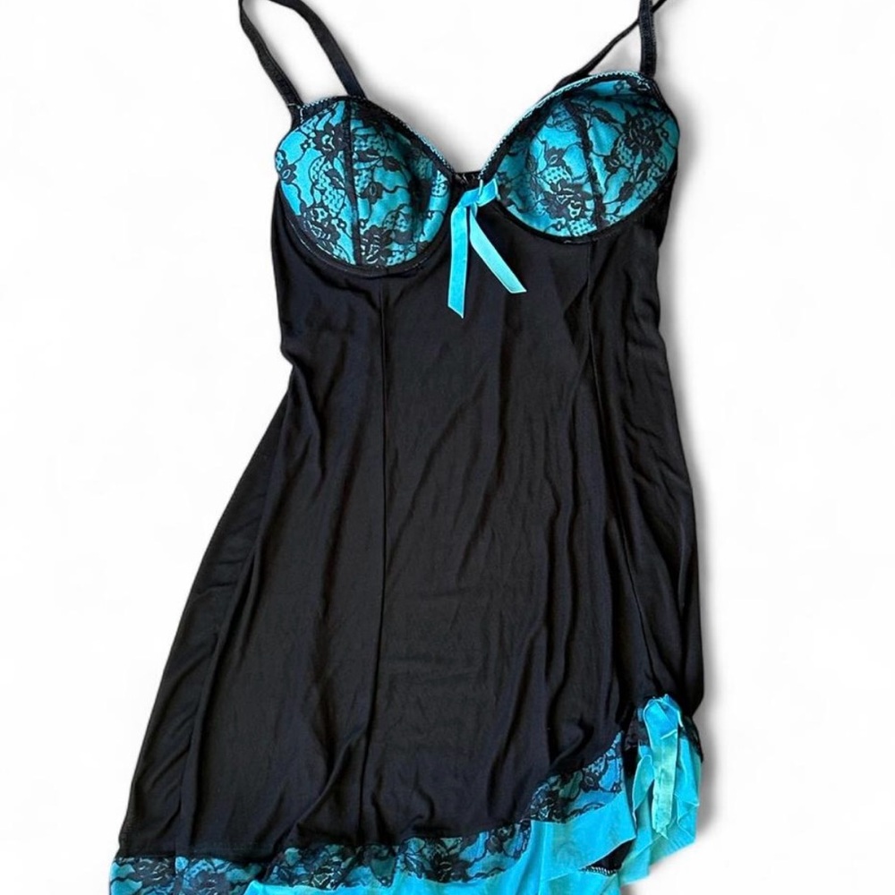 Women’s vintage y2k black and blue lingerie dress with lace detailing